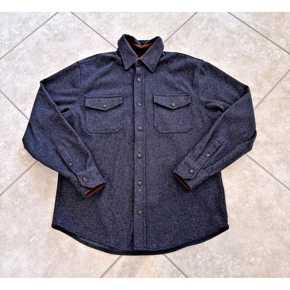 Jachs New York Mens Medium Navy Herringbone Flannel Shirt Corduroy Trim Outdoor